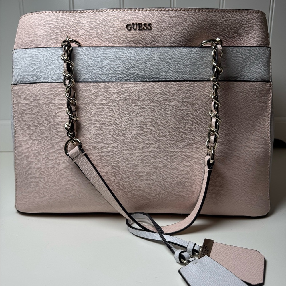 GUESS Blush Pink and White Shoulder Bag